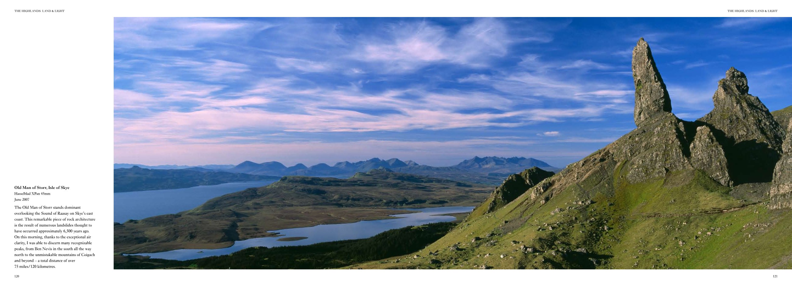 Page spread from The Highlands, Old Man of Storr, Isle of Skye, with caption text