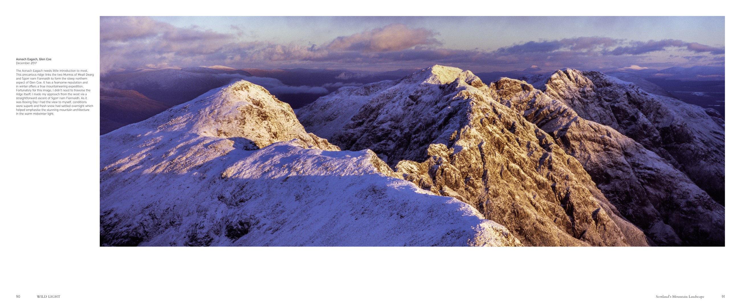 Page spread from Wild Light, Aonach Eagach, Glen Coe, with caption text