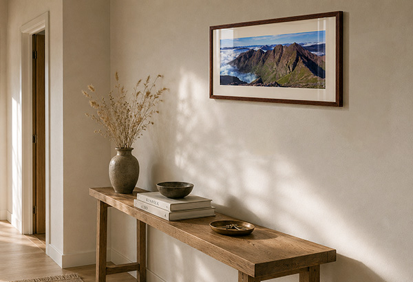 Gallery size framed print hanging in a hallway