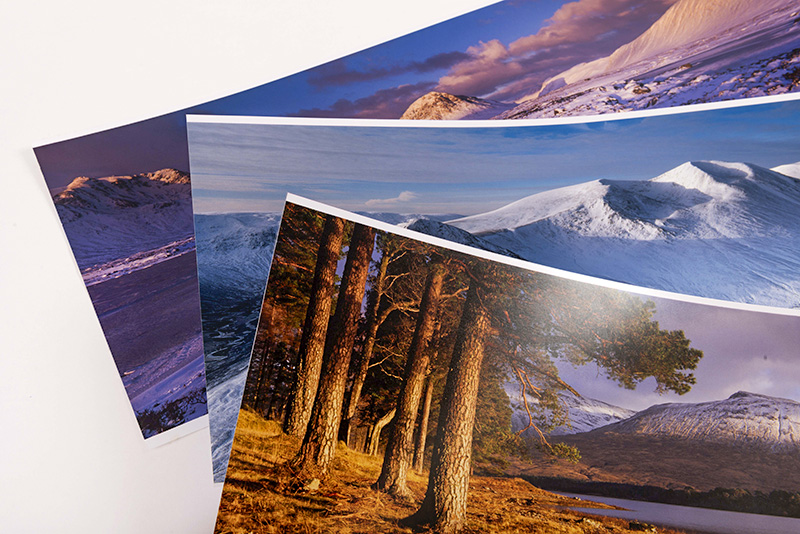 A fanned spread of unframed panoramic prints